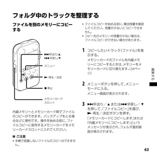  ファイルコピーを始める前に、電池残量を確認
                            してください。残量が少ないとコピーできま
                            せん。
                           コピー先のメモリーの残量が少ない場合は、
                            ファイルコピーができない場合があります。


                          1   コピーしたいトラック（ファイル）を表
           早送り/、            示する。
           早戻し/
                              メモリーカードのファイルを内蔵メモ
           メニュー               リーにコピーするときは、メモリーをメ
                              モリーカードに切り換えます。34ペー
                                            （




                                                          編集する
                              ジ）
            再生／決定

                          2   メニューボタンを押して、メニュー
            停止               モードに入る。
                              メニュー画面が表示されます。
           メモリーカード
           スロット
                          3   早送り／  または早戻し／ 
                              を押して、ファイルコピー」
                                  「        を選び、
内蔵メモリーとメモリーカード間でファイル           再生／決定ボタンを押す。
のコピーができます。バックアップをとる場
                              「メモリーカードにコピーします」 または
合などに便利です。操作を始める前に、ファ
                              「内蔵メモリーにコピーします」 という
イルコピーに使用するメモリーカードをメモ
                               メッセージが表示され、フォルダ選択画
リーカードスロットに入れてください。
                               面が表示されます。
 ご注意
 本機で認識しないファイルのコピーはできませ
  ん。
                                                     
 