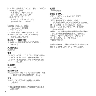 ヘッドホン/LINE OUT（ステレオミニジャック）       付属品
 　ヘッドホンモード                        10ページ参照
    負荷インピーダンス：16 Ω
                                  別売アクセサリー
    出力：20 mW + 20 mW
                                  メモリースティック マイクロ™ M2™）
                                                 （    　
 　LINE OUTモード
    負荷インピーダンス：22 kΩ
                                    MS-A1GD
                                  ステレオヘッドホン MDR-EX300SL/
    規定出力レベル：1 Vrms
                                    MDR-EX500SL/MDR-Z300/MDR-Z900HD
                                  オーディオコード RK-G129/RK-G129CS
 USB端子 USB mini-B端子）
       （
                                  エレクトレットコンデンサーマイクロホン
    High-Speed USB対応
 リモコンジャック
                                    ECM-MS957
                                  充電式ニッケル水素充電池単3形 NH-AA-2BKA
 DC IN 3Vジャック（極性統一型プラグ）
                                  ニッケル水素電池専用充電器 BCG-34HRES
 メモリースティック マイクロ™ M2™）／
                   （
                                  キャリングケーススピーカー　CKS-M10
    microSD対応スロット
                                  ウィンドスクリーン　AD-PCM2
 再生スピード調節 DPC）
           （                      三脚 VCT-PCM1
 ＋100％～－75％ LPCM/MP3/WMA/
           （
   AAC-LC）                        本機の仕様および外観は、
                                             改良のため予告なく変
                                  更することがありますが、
                                             ご了承ください。
 実用最大出力
 250 mW
 電源
 DC 3.0 V ACパワーアダプター（付属）使用時
 DC 3.0 V 単3形アルカリ乾電池（付属） 本
                        2
 DC 2.4 V 単3形充電式ニッケル水素電池（別
          売） 本
            2
 動作温度
 5℃～ 35℃
 最大外形寸法
 約62.0 mm×114.0 mm×21.8 mm（幅／高さ
   ／奥行き）最大突起部含まず）JEITA＊4）
         （              （
 質量
 約187 g（単3形アルカリ乾電池2本含む）
  （JEITA＊4）
 ＊4
      電子産業技術協会 JEITA）
              （      の測定方法に基づ
      いています。

 