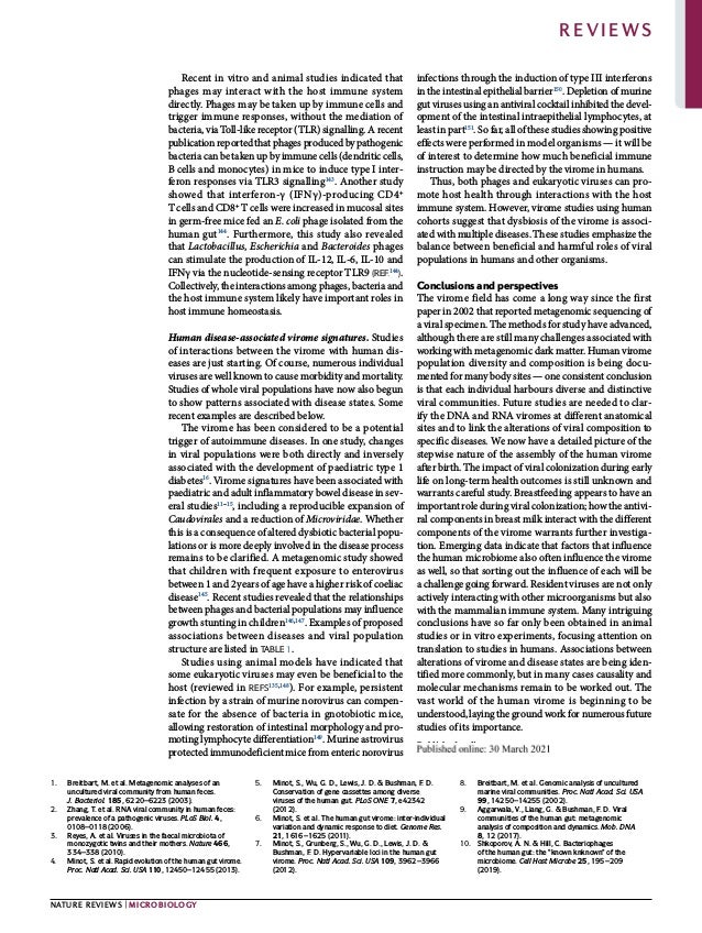 0123456789();:
Recent in vitro and animal studies indicated that
phages may interact with the host immune system
directly. Phages may be taken up by immune cells and
trigger immune responses, without the mediation of
bacteria, via Toll-like receptor (TLR) signalling. A recent
publication reported that phages produced by pathogenic
bacteria can be taken up by immune cells (dendritic cells,
B cells and monocytes) in mice to induce type I inter­
feron responses via TLR3 signalling143
. Another study
showed that interferon-γ (IFNγ)-producing CD4+
T cells and CD8+
T cells were increased in mucosal sites
in germ-free mice fed an E. coli phage isolated from the
human gut144
. Furthermore, this study also revealed
that Lactobacillus, Escherichia and Bacteroides phages
can stimulate the production of IL-12, IL-6, IL-10 and
IFNγ via the nucleotide-sensing receptor TLR9 (ref.144
).
Collectively, the interactions among phages, bacteria and
the host immune system likely have important roles in
host immune homeostasis.
Human disease-associated virome signatures. Studies
of interactions between the virome with human dis­
eases are just starting. Of course, numerous individual
viruses are well known to cause morbidity and mortality.
Studies of whole viral populations have now also begun
to show patterns associated with disease states. Some
recent examples are described below.
The virome has been considered to be a potential
trigger of autoimmune diseases. In one study, changes
in viral populations were both directly and inversely
associated with the development of paediatric type 1
diabetes16
. Virome signatures have been associated with
paediatric and adult inflammatory bowel disease in sev­
eral studies11–15
, including a reproducible expansion of
Caudovirales and a reduction of Microviridae. Whether
this is a consequence of altered dysbiotic bacterial popu­
lations or is more deeply involved in the disease process
remains to be clarified. A metagenomic study showed
that children with frequent exposure to enterovirus
between 1 and 2 years of age have a higher risk of coeliac
disease145
. Recent studies revealed that the relationships
between phages and bacterial populations may influence
growth stunting in children146,147
. Examples of proposed
associations between diseases and viral population
structure are listed in Table 1.
Studies using animal models have indicated that
some eukaryotic viruses may even be beneficial to the
host (reviewed in refs135,148
). For example, persistent
infection by a strain of murine norovirus can compen­
sate for the absence of bacteria in gnotobiotic mice,
allowing restoration of intestinal morphology and pro­
moting lymphocyte differentiation149
. Murine astrovirus
protected immunodeficient mice from enteric norovirus
infections through the induction of type III interferons
in the intestinal epithelial barrier150
. Depletion of murine
gut viruses using an antiviral cocktail inhibited the devel­
opment of the intestinal intraepithelial lymphocytes, at
least in part151
. So far, all of these studies showing positive
effects were performed in model organisms — it will be
of interest to determine how much beneficial immune
instruction may be directed by the virome in humans.
Thus, both phages and eukaryotic viruses can pro­
mote host health through interactions with the host
immune system. However, virome studies using human
cohorts suggest that dysbiosis of the virome is associ­
ated with multiple diseases. These studies emphasize the
balance between beneficial and harmful roles of viral
populations in humans and other organisms.
Conclusions and perspectives
The virome field has come a long way since the first
paper in 2002 that reported metagenomic sequencing of
a viral specimen. The methods for study have advanced,
although there are still many challenges associated with
working with metagenomic dark matter. Human virome
population diversity and composition is being docu­
mented for many body sites — one consistent conclusion
is that each individual harbours diverse and distinctive
viral communities. Future studies are needed to clar­
ify the DNA and RNA viromes at different anatomical
sites and to link the alterations of viral composition to
specific diseases. We now have a detailed picture of the
stepwise nature of the assembly of the human virome
after birth. The impact of viral colonization during early
life on long-term health outcomes is still unknown and
warrants careful study. Breastfeeding appears to have an
important role during viral colonization; how the antivi­
ral components in breast milk interact with the different
components of the virome warrants further investiga­
tion. Emerging data indicate that factors that influence
the human microbiome also often influence the virome
as well, so that sorting out the influence of each will be
a challenge going forward. Resident viruses are not only
actively interacting with other microorganisms but also
with the mammalian immune system. Many intriguing
conclusions have so far only been obtained in animal
studies or in vitro experiments, focusing attention on
translation to studies in humans. Associations between
alterations of virome and disease states are being iden­
tified more commonly, but in many cases causality and
molecular mechanisms remain to be worked out. The
vast world of the human virome is beginning to be
understood, laying the ground work for numerous future
studies of its importance.
Published online xx xx xxxx
1.	 Breitbart, M. et al. Metagenomic analyses of an
uncultured viral community from human feces.
J. Bacteriol. 185, 6220–6223 (2003).
2.	 Zhang, T. et al. RNA viral community in human feces:
prevalence of a pathogenic viruses. PLoS Biol. 4,
0108–0118 (2006).
3.	 Reyes, A. et al. Viruses in the faecal microbiota of
monozygotic twins and their mothers. Nature 466,
334–338 (2010).
4.	 Minot, S. et al. Rapid evolution of the human gut virome.
Proc. Natl Acad. Sci. USA 110, 12450–12455 (2013).
5.	 Minot, S., Wu, G. D., Lewis, J. D. & Bushman, F. D.
Conservation of gene cassettes among diverse
viruses of the human gut. PLoS ONE 7, e42342
(2012).
6.	 Minot, S. et al. The human gut virome: inter-individual
variation and dynamic response to diet. Genome Res.
21, 1616–1625 (2011).
7.	 Minot, S., Grunberg, S., Wu, G. D., Lewis, J. D. &
Bushman, F. D. Hypervariable loci in the human gut
virome. Proc. Natl Acad. Sci. USA 109, 3962–3966
(2012).
8.	 Breitbart, M. et al. Genomic analysis of uncultured
marine viral communities. Proc. Natl Acad. Sci. USA
99, 14250–14255 (2002).
9.	 Aggarwala, V., Liang, G. & Bushman, F. D. Viral
communities of the human gut: metagenomic
analysis of composition and dynamics. Mob. DNA
8, 12 (2017).
10.	 Shkoporov, A. N. & Hill, C. Bacteriophages
of the human gut: the “known knknown” of the
microbiome. Cell Host Microbe 25, 195–209
(2019).
Nature Reviews | Microbiology
Reviews
 