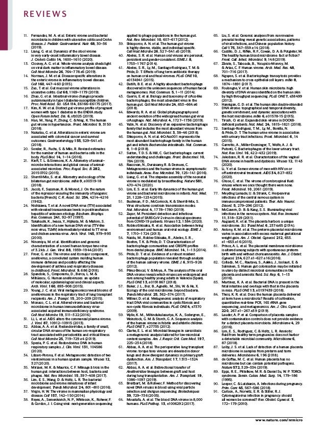 0123456789();:
11.	 Fernandes, M. A. et al. Enteric virome and bacterial
microbiota in children with ulcerative colitis and Crohn
disease. J. Pediatr. Gastroenterol. Nutr. 68, 30–36
(2019).
12.	 Liang, G. et al. Dynamics of the stool virome
in very early-onset inflammatory bowel disease.
J. Crohn’s Colitis 14, 1600–1610 (2020).
13.	 Clooney, A. G. et al. Whole-virome analysis sheds light
on viral dark matter in inflammatory bowel disease.
Cell Host Microbe 26, 764–778.e5 (2019).
14.	 Norman, J. M. et al. Disease-specific alterations in
the enteric virome in inflammatory bowel disease.
Cell 160, 447–460 (2015).
15.	 Zuo, T. et al. Gut mucosal virome alterations in
ulcerative colitis. Gut 68, 1169–1179 (2019).
16.	 Zhao, G. et al. Intestinal virome changes precede
autoimmunity in type I diabetes-susceptible children.
Proc. Natl Acad. Sci. USA 114, E6166–E6175 (2017).
17.	 Kim, K. W. et al. Distinct gut virome profile of pregnant
women with type 1 diabetes in the ENDIA study.
Open Forum Infect. Dis. 6, ofz025 (2019).
18.	 Han, M., Yang, P., Zhong, C. & Ning, K. The human
gut virome in hypertension. Front. Microbiol. 9, 3150
(2018).
19.	 Nakatsu, G. et al. Alterations in enteric virome are
associated with colorectal cancer and survival
outcomes. Gastroenterology 155, 529–541.e5
(2018).
20.	 Sender, R., Fuchs, S. & Milo, R. Revised estimates
for the number of human and bacteria cells in the
body. PLoS Biol. 14, 1–14 (2016).
21.	 Kieft, T. L. & Simmons, K. A. Allometry of animal–
microbe interactions and global census of animal-
associated microbes. Proc. Royal. Soc. B. 282,
20150702 (2015).
22.	 Sherrill-Mix, S. et al. Allometry and ecology of the
bilaterian gut microbiome. mBio 9, e00319-18
(2018).
23.	 Jacob, F., Sussman, R. & Monod, J. On the nature
of the repressor ensuring the immunity of lysogenic
bacteria [French]. C. R. Acad. Sci. 254, 4214–4216
(1962).
24.	 Nishizawa, T. et al. A novel DNA virus (TTV) associated
with elevated transaminase levels in posttransfusion
hepatitis of unknown etiology. Biochem. Biophys.
Res. Commun. 241, 92–97 (1997).
25.	 Takahashi, K., Iwasa, Y., Hijikata, M. & Mishiro, S.
Identification of a new human DNA virus (TTV-like
mini virus, TLMV) intermediately related to TT virus
and chicken anemia virus. Arch. Virol. 145, 979–993
(2000).
26.	 Ninomiya, M. et al. Identification and genomic
characterization of a novel human torque teno virus
of 3.2 kb. J. Gen. Virol. 88, 1939–1944 (2007).
27.	 Freer, G. et al. The virome and its major component,
anellovirus, a convoluted system molding human
immune defenses and possibly affecting the
development of asthma and respiratory diseases
in childhood. Front. Microbiol. 9, 686 (2018).
28.	 Spandole, S., Cimponeriu, D., Berca, L. M. &
Mihăescu, G. Human anelloviruses: an update
of molecular, epidemiological and clinical aspects.
Arch. Virol. 160, 893–908 (2015).
29.	 Young, J. C. et al. Viral metagenomics reveal blooms of
anelloviruses in the respiratory tract of lung transplant
recipients. Am. J. Transpl. 15, 200–209 (2015).
30.	 Monaco, C. L. et al. Altered virome and bacterial
microbiome in human immunodeficiency virus-
associated acquired immunodeficiency syndrome.
Cell Host Microbe 19, 311–322 (2016).
31.	 Li, L. et al. AIDS alters the commensal plasma virome.
J. Virol. 87, 10912–10915 (2013).
32.	 Abbas, A. A. et al. Redondoviridae, a family of small,
circular DNA viruses of the human oro-respiratory
tract associated with periodontitis and critical Illness.
Cell Host Microbe 25, 719–729.e4 (2019).
33.	 Spezia, P. G. et al. Redondovirus DNA in human
respiratory samples. J. Clin. Virol. 131, 104586
(2020).
34.	 Lázaro-Perona, F. et al. Metagenomic detection of two
vientoviruses in a human sputum sample. Viruses 12,
327 (2020).
35.	 Mirzaei, M. K. & Maurice, C. F. Ménage à trois in the
human gut: interactions between host, bacteria and
phages. Nat. Rev. Microbiol. 15, 397–408 (2017).
36.	 Lim, E. S., Wang, D. & Holtz, L. R. The bacterial
microbiome and virome milestones of infant
development. Trends Microbiol. 24, 801–810 (2016).
37.	 Virgin, H. W. The virome in mammalian physiology and
disease. Cell 157, 142–150 (2014).
38.	 Reyes, A., Semenkovich, N. P., Whiteson, K., Rohwer, F.
& Gordon, J. I. Going viral: next-generation sequencing
applied to phage populations in the human gut.
Nat. Rev. Microbiol. 10, 607–617 (2012).
39.	 Shkoporov, A. N. et al. The human gut virome
is highly diverse, stable, and individual specific.
Cell Host Microbe 26, 527–541.e5 (2019).
40.	 Abeles, S. R. et al. Human oral viruses are personal,
persistent and gender-consistent. ISME J. 8,
1753–1767 (2014).
41.	 Abeles, S. R., Ly, M., Santiago-Rodriguez, T. M. &
Pride, D. T. Effects of long term antibiotic therapy
on human oral and fecal viromes. PLoS ONE 10,
e0134941 (2015).
42.	 Dutilh, B. E. et al. A highly abundant bacteriophage
discovered in the unknown sequences of human faecal
metagenomes. Nat. Commun. 5, 1–11 (2014).
43.	 Guerin, E. et al. Biology and taxonomy of crAss-like
bacteriophages, the most abundant virus in the
human gut. Cell Host Microbe 24, 653–664.e6
(2018).
44.	 Edwards, R. A. et al. Global phylogeography and
ancient evolution of the widespread human gut virus
crAssphage. Nat. Microbiol. 4, 1727–1736 (2019).
45.	 Yutin, N. et al. Discovery of an expansive bacteriophage
family that includes the most abundant viruses from
the human gut. Nat. Microbiol. 3, 38–46 (2018).
46.	 Shkoporov, A. N. et al. ΦCrAss001 represents the
most abundant bacteriophage family in the human
gut and infects Bacteroides intestinalis. Nat. Commun.
9, 1–8 (2018).
47.	 Sutton, T. D. S. & Hill, C. Gut bacteriophage: current
understanding and challenges. Front. Endocrinol. 10,
784 (2019).
48.	 Rascovan, N., Duraisamy, R. & Desnues, C.
Metagenomics and the human virome in asymptomatic
individuals. Annu. Rev. Microbiol. 70, 125–141 (2016).
49.	 Liang, G. et al. The stepwise assembly of the neonatal
virome is modulated by breastfeeding. Nature 581,
470–474 (2020).
50.	 Lim, E. S. et al. Early life dynamics of the human gut
virome and bacterial microbiome in infants. Nat. Med.
21, 1228–1234 (2015).
51.	 Bushman, F. D., McCormick, K. & Sherrill-Mix, S.
Virus structures constrain transmission modes.
Nat. Microbiol. 4, 1778–1780 (2019).
52.	 Zapor, M. Persistent detection and infectious
potential of SARS-CoV-2 virus in clinical specimens
from COVID-19 patients. Viruses 12, 1384 (2020).
53.	 Robles-Sikisaka, R. et al. Association between living
environment and human oral viral ecology. ISME J.
7, 1710–1724 (2013).
54.	 Naidu, M., Robles-Sikisaka, R., Abeles, S. R.,
Boehm, T. K. & Pride, D. T. Characterization of
bacteriophage communities and CRISPR profiles
from dental plaque. BMC Microbiol. 14, 1–13 (2014).
55.	 Pride, D. T. et al. Evidence of a robust resident
bacteriophage population revealed through analysis
of the human salivary virome. ISME J. 6, 915–926
(2012).
56.	 Pérez-Brocal, V. & Moya, A. The analysis of the oral
DNA virome reveals which viruses are widespread and
rare among healthy young adults in Valencia (Spain).
PLoS ONE 13, e0191867 (2018).
57.	 Baker, J. L., Bor, B., Agnello, M., Shi, W. & He, X.
Ecology of the oral microbiome: beyond bacteria.
Trends Microbiol. 25, 362–374 (2017).
58.	 Willner, D. et al. Metagenomic analysis of respiratory
tract DNA viral communities in cystic fibrosis and
non-cystic fibrosis individuals. PLoS ONE 4, e7370
(2009).
59.	 Wylie, K. M., Mihindukulasuriya, K. A., Sodergren, E.,
Weinstock, G. M. & Storch, G. A. Sequence analysis
of the human virome in febrile and afebrile children.
PLoS ONE 7, e27735 (2012).
60.	 Clarke, E. L. et al. Microbial lineages in sarcoidosis
a metagenomic analysis tailored for low-microbial
content samples. Am. J. Respir. Crit. Care Med. 197,
225–234 (2018).
61.	 Abbas, A. A. et al. The perioperative lung transplant
virome: torque teno viruses are elevated in donor
lungs and show divergent dynamics in primary graft
dysfunction. Am. J. Transplant. 17, 1313–1324
(2017).
62.	 Abbas, A. A. et al. Bidirectional transfer of
Anelloviridae lineages between graft and host
during lung transplantation. Am. J. Transplant. 19,
1086–1097 (2019).
63.	 Breitbart, M. & Rohwer, F. Method for discovering
novel DNA viruses in blood using viral particle
selection and shotgun sequencing. Biotechniques
39, 729–736 (2005).
64.	 Moustafa, A. et al. The blood DNA virome in 8,000
humans. PLoS Pathog. 13, e1006292 (2017).
65.	 Liu, S. et al. Genomic analyses from non-invasive
prenatal testing reveal genetic associations, patterns
of viral infections, and Chinese population history.
Cell 175, 347–359.e14 (2018).
66.	 Castillo, D. J., Rifkin, R. F., Cowan, D. A. & Potgieter, M.
The healthy human blood microbiome: fact or fiction?
Front. Cell. Infect. Microbiol. 9, 148 (2019).
67.	 Zárate, S., Taboada, B., Yocupicio-Monroy, M.
& Arias, C. F. Human virome. Arch. Med. Res. 48,
701–716 (2017).
68.	 Nguyen, S. et al. Bacteriophage transcytosis provides
a mechanism to cross epithelial cell layers. mBio 8,
1874–1891 (2017).
69.	 Foulongne, V. et al. Human skin microbiota: high
diversity of DNA viruses identified on the human skin
by high throughput sequencing. PLoS ONE 7, e38499
(2012).
70.	 Hannigan, G. D. et al. The human skin double-stranded
DNA virome: topographical and temporal diversity,
genetic enrichment, and dynamic associations with
the host microbiome. mBio 6, e01578-15 (2015).
71.	 Tirosh, O. et al. Expanded skin virome in DOCK8-
deficient patients. Nat. Med. 24, 1815–1821 (2018).
72.	 Santiago-Rodriguez, T. M., Ly, M., Bonilla, N.
& Pride, D. T. The human urine virome in association
with urinary tract infections. Front. Microbiol. 6, 14
(2015).
73.	 Garretto, A., Miller-Ensminger, T., Wolfe, A. J. &
Putonti, C. Bacteriophages of the lower urinary tract.
Nat. Rev. Urol. 16, 422–432 (2019).
74.	 Jakobsen, R. R. et al. Characterization of the vaginal
DNA virome in health and dysbiosis. Viruses 12, 1143
(2020).
75.	 Li, Y. et al. Semen virome of men with HIV on or
off antiretroviral treatment. AIDS 34, 827–832
(2020).
76.	 Ghose, C. et al. The virome of cerebrospinal fluid:
viruses where we once thought there were none.
Front. Microbiol. 10, 2061 (2019).
77.	 Meyding Lamade, U. & Strank, C. Herpesvirus
infections of the central nervous system in
immunocompromised patients. Ther. Adv. Neurol.
Disord. 5, 279–296 (2012).
78.	 McGavern, D. B. & Kang, S. S. Illuminating viral
infections in the nervous system. Nat. Rev. Immunol.
11, 318–329 (2011).
79.	 Aagaard, K. et al. The placenta harbors a unique
microbiome. Sci. Transl Med. 6, 237ra65 (2014).
80.	 Antony, K. M. et al. The preterm placental microbiome
varies in association with excess maternal gestational
weight gain. Am. J. Obstet. Gynecol. 212, 653.
e1–653.e16 (2015).
81.	 Prince, A. L. et al. The placental membrane microbiome
is altered among subjects with spontaneous preterm
birth with and without chorioamnionitis. Am. J. Obstet.
Gynecol. 214, 627.e1–627.e16 (2016).
82.	 Collado, M. C., Rautava, S., Aakko, J., Isolauri, E. &
Salminen, S. Human gut colonisation may be initiated
in utero by distinct microbial communities in the
placenta and amniotic fluid. Sci. Rep. 6, 1–13
(2016).
83.	 Martinez, K. A. et al. Bacterial DNA is present in the
fetal intestine and overlaps with that in the placenta
in mice. PLoS ONE 13, e0197439 (2018).
84.	 Theis, K. R. et al. Does the human placenta delivered
at term have a microbiota? Results of cultivation,
quantitative real-time PCR, 16S rRNA gene
sequencing, and metagenomics. Am. J. Obs. Gynecol.
220, 267.e1–267.e39 (2019).
85.	 Lauder, A. P. et al. Comparison of placenta samples
with contamination controls does not provide evidence
for a distinct placenta microbiota. Microbiome 4, 29
(2016).
86.	 Lim, E. S., Rodriguez, C. & Holtz, L. R. Amniotic
fluid from healthy term pregnancies does not harbor
a detectable microbial community. Microbiome 6,
87 (2018).
87.	 Leiby, J. S. et al. Lack of detection of a human placenta
microbiome in samples from preterm and term
deliveries. Microbiome 6, 196 (2018).
88.	 de Goffau, M. C. et al. Human placenta has no
microbiome but can contain potential pathogens.
Nature 572, 329–334 (2019).
89.	 Epps, R. E., Pittelkow, M. R. & Daniel Su, W. P. TORCh
syndrome. Semin. Cutan. Med. Surg. 14, 179–186
(1995).
90.	 Leeper, C. & Lutzkanin, A. Infections during pregnancy.
Prim. Care 45, 567–586 (2018).
91.	 Carlson, A., Norwitz, E. R. & Stiller, R. J.
Cytomegalovirus infection in pregnancy: should
all women be screened? Rev. Obstet. Gynecol. 3,
172–179 (2010).
www.nature.com/nrmicro
Reviews
 