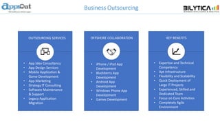 Business Outsourcing
OUTSOURCING SERVICES
• App Idea Consultancy
• App Design Services
• Mobile Application &
Game Development
• App Marketing
• Strategy IT Consulting
• Software Maintenance
& Support
• Legacy Application
Migration
OFFSHORE COLLABORATION
• iPhone / iPad App
Development
• Blackberry App
Development
• Android App
Development
• Windows Phone App
Development
• Games Development
KEY BENEFITS
• Expertise and Technical
Competency
• Apt Infrastructure
• Flexibility and Scalability
• Quick Deployment of
Large IT Projects
• Experienced, Skilled and
Dedicated Team
• Focus on Core Activities
• Completely Agile
Environment
 