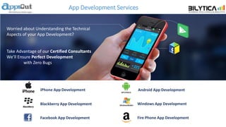 App Development Services
iPhone App Development Android App Development
Blackberry App Development Windows App Development
Fire Phone App DevelopmentFacebook App Development
Worried about Understanding the Technical
Aspects of your App Development?
Take Advantage of our Certified Consultants
We’ll Ensure Perfect Development
with Zero Bugs
 