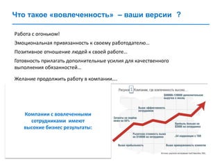 Что такое «вовлеченность» – ваши версии
Позитивное отношение людей к своей работе…
Эмоциональная привязанность к своему работодателю…
Работа с огоньком!
Готовность прилагать дополнительные усилия для качественного
выполнения обязанностей…
Желание продолжить работу в компании….
Компании с вовлеченными
сотрудниками имеют
высокие бизнес результаты:
?
1
 