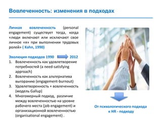 Вовлеченность: изменения в подходах
Личная вовлеченность (personal
engagement) существует тогда, когда
«люди включают или исключают свое
личное «я» при выполнении трудовых
ролей» ( Kahn, 1990)
Эволюция подходов 1990 2012
1. Вовлеченность как удовлетворение
потребностей (a need-satisfying
approach)
2. Вовлеченность как альтернатива
выгоранию (engagement-burnout)
3. Удовлетворенность + вовлеченность
(модель Gallup)
4. Многомерный подход, различие
между вовлеченностью на уровне
рабочего места (job engagement) и
организационной вовлеченностью
(organisational engagement) .
От психологического подхода
к HR - подходу
 