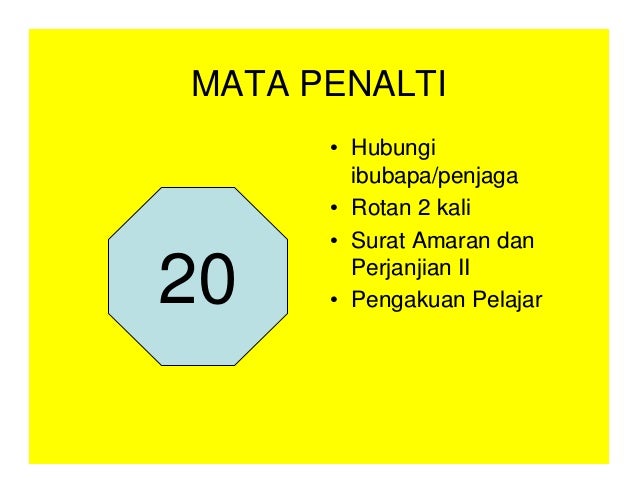 MATA PENALTI
• Hubungi
ibubapa/penjaga
• Rotan 2 kali
• Surat Amaran dan
Perjanjian II
• Pengakuan Pelajar
20
 