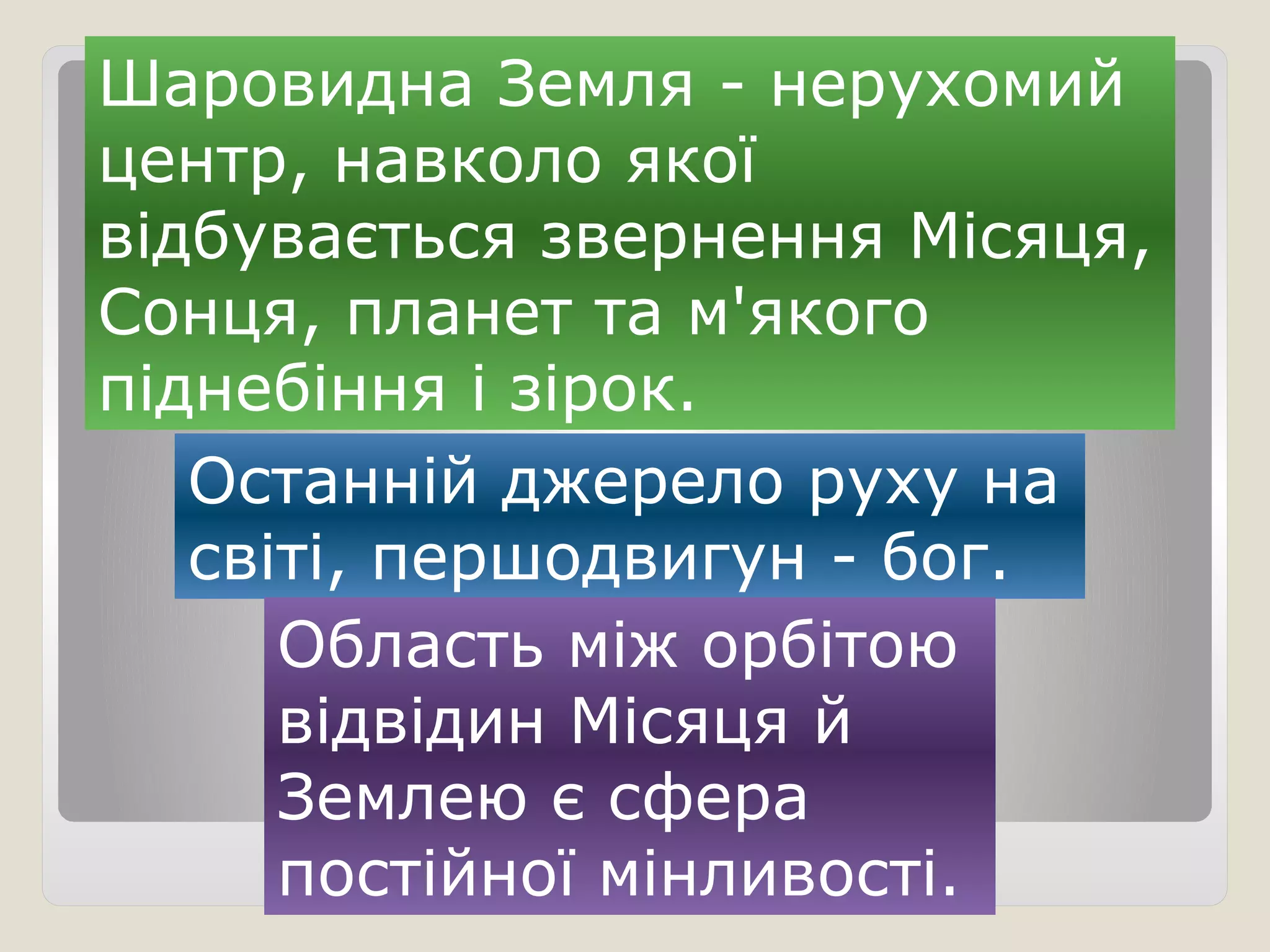 Шаровидна Земля - нерухомий
центр, навколо якої
відбувається звернення Місяця,
Сонця, планет та м'якого
піднебіння і зірок.
Останній джерело руху на
світі, першодвигун - бог.
Область між орбітою
відвідин Місяця й
Землею є сфера
постійної мінливості.
 