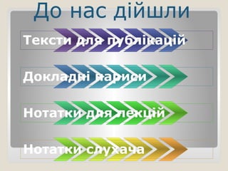 Тексти для публікацій
Докладні нариси
Нотатки для лекцій
Нотатки слухача
До нас дійшли
 