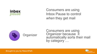 Consumers are using
Inbox Pause to control
when they get mail
Organizer
Consumers are using
Organizer because it
automatically sorts their mail
by category …
Brought to you by ReturnPath
 