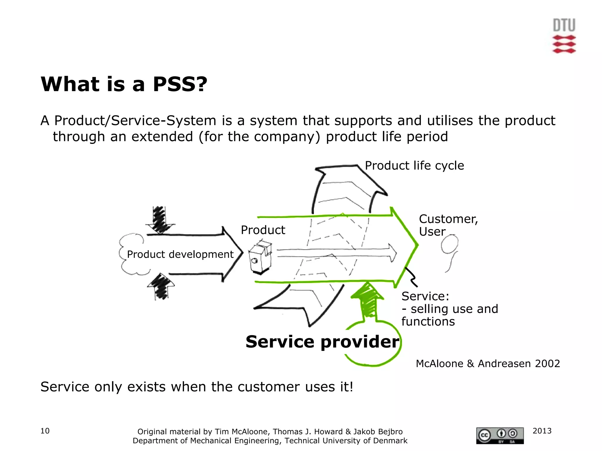 What is a PSS?
A Product/Service-System is a system that supports and utilises the product
  through an extended (for the company) product life period

                                                                       Product life cycle



                                                                                     Customer,
                                        Product                                      User
            Product development



                                                                                Service:
                                                                                - selling use and
                                                                                functions
                                         Service provider
                                                                                     McAloone & Andreasen 2002

Service only exists when the customer uses it!


10            Original material by Tim McAloone, Thomas J. Howard & Jakob Bejbro                         2013
             Department of Mechanical Engineering, Technical University of Denmark
 