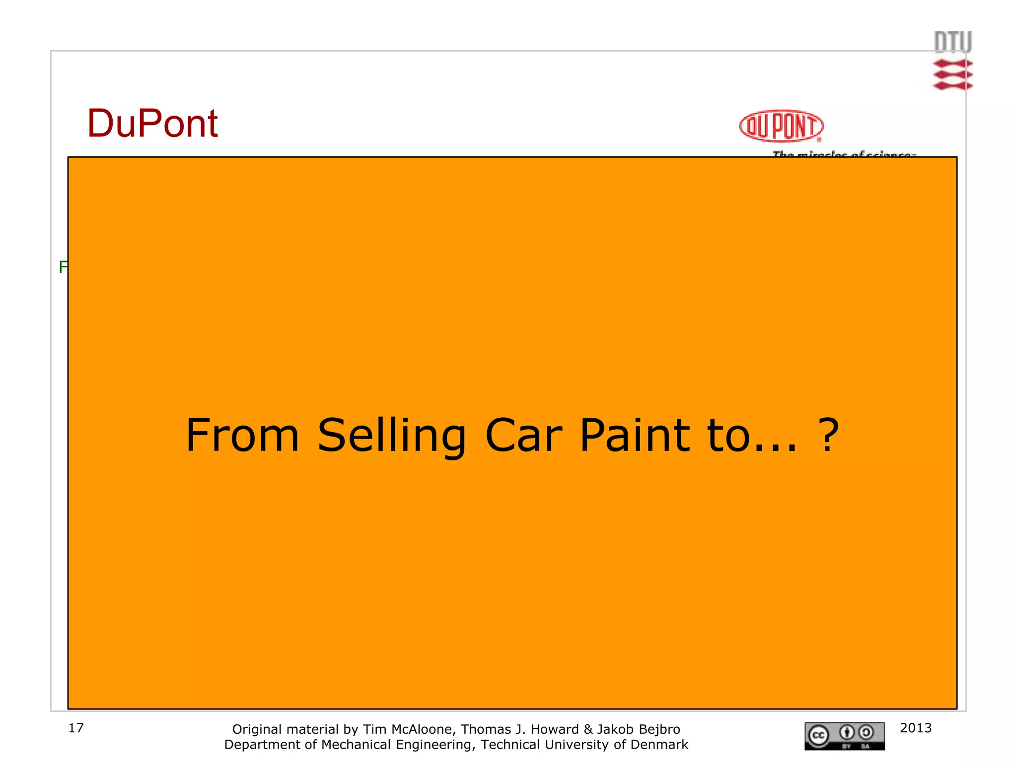 DuPont
      From paint to painted cars


                       DuPont                          Payment by paint quality:
Ford producing                                         Reward: selling more paint
                                                                                            DuPont
                                                       No action concerning painting
                    Ford painting
                                                       Flexible delivery
                                                       Quality of painted surface
                                                                                           Ford
                                                       Cost of painting

                  From Selling Car Paint to... ?
                                                       Payment per car:
                                                       Concern of reducing quantity
                                                                                            DuPont
                                                       Immediate delivery
 Ford producing
                                                       Quality of the painted surface
                                                       Immediate satisfaction
                     DuPont painting
                                                       No action concerning painting       Ford

                            Customer:          Long-term interest of quality
                                               from satisfaction delivery system            [McAloone, 2003]

 17                 Original material by Tim McAloone, Thomas J. Howard & Jakob Bejbro                  2013
                   Department of Mechanical Engineering, Technical University of Denmark
 