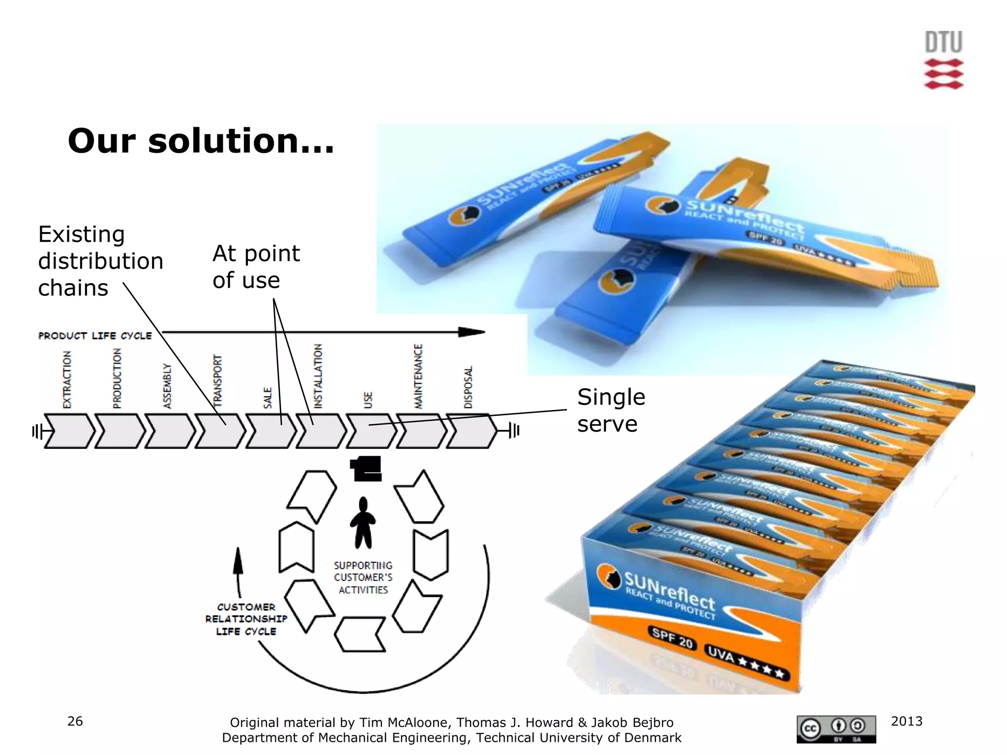 Our solution...

Existing
distribution   At point
chains         of use




                                                                    Single
                                                                    serve




  26            Original material by Tim McAloone, Thomas J. Howard & Jakob Bejbro     2013
               Department of Mechanical Engineering, Technical University of Denmark
 