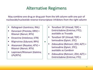 Alternative Regimens
May combine one drug or drug pair from the left column with one pair of
nucleoside/nucleotide reverse-transcriptase inhibitors from the right column
 Raltegravir (Isentress; RAL)
 Darunavir (Prezista; DRV) +
Ritonvir (Norvir; RTV)
 Etravirine (Intelence; ETR)
 Rilpirvirine (Edurant; RPV)
 Atazanavir (Reyataz; ATV) +
Ritonvir (Norvir; RTV)
 Lopiniavir/Ritonavir (Kaletra;
LPV/RTV)
 Tenofovir DF (Viread; TDF) +
Emtricitabine (Emtriva; FTC);
available as Truvada
 Tenofovir DF (Viread; TDF) +
lamivudine (Epivir; 3TC)
 Zidovudine (Retrovir; ZDV; AZT) +
lamivudine (Epivir; 3TC);
available as Combivir
 Zidovudine (Retrovir; ZDV; AZT) +
Emtricitabine (Emtriva; FTC)
+
11
 