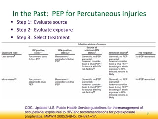 In the Past: PEP for Percutaneous Injuries
 Step 1: Evaluate source
 Step 2: Evaluate exposure
 Step 3: Select treatment
7
CDC. Updated U.S. Public Health Service guidelines for the management of
occupational exposures to HIV and recommendations for postexposure
prophylaxis. MMWR 2005;54(No. RR-9):1--17.
 