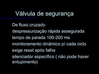 Válvula de segurançaVálvula de segurança
De fluxo cruzadoDe fluxo cruzado
despressurização rápida asseguradadespressurização rápida assegurada
tempo de parada 100-200 mstempo de parada 100-200 ms
monitoramento dinâmico p/ cada ciclomonitoramento dinâmico p/ cada ciclo
exige reset após falhaexige reset após falha
silenciador específico ( não pode haversilenciador específico ( não pode haver
entupimento)entupimento)
 