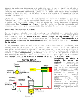 suelte la palanca. Recuerde, sin embargo, que mientras mayor es el flujo
y/o mayor la presión, mayor es la fuerza de flujo y mayor tendrá que ser la
tensión del resorte centrador. ¿Cuál es el resultado neto? Alto esfuerzo
necesario para accionar la palanca! y esto nos lleva a un operador que se
fatiga rápidamente.
¿Cuál es la mejor manera de solucionar el problema? Debido a que esas
fuerzas de flujo están relacionadas tanto con el flujo como con la caída de
presión, si pudiéramos reducir uno o ambos de estos factores estaremos
reduciendo las “fuerzas de flujo", por lo tanto la fuerza necesaria del
resorte centrador y por consecuencia los niveles de esfuerzo del operador.
VELOCIDAD VARIABLE DEL CILINDRO
En un circuito simple como el nuestro, la velocidad del cilindro esta
determinada por el flujo a través del carrete de control. Este flujo puede
ser afectado por la velocidad del motor, carga en implemento (que es
prácticamente la misma en la compuerta de la válvula), desplazamiento o
posición de la palanca de accionamiento (por lo tanto el carrete) y entrega
de la bomba.
Si el operador trata de mantener una velocidad constante del cilindro, con
variaciones de velocidad (RPM) del motor y de la carga hidráulica, tendría
que estar continuamente cambiando la posición de la palanca de control y
por lo tanto la posición de la abertura del carrete (variando el tamaño de
orificio) para “compensar" y mantener la misma caída de presión a través
del carrete de control. Nosotros conocemos de los principios de hidráulica
que cuando la caída de presión a través de un orificio se mantiene
SISTEMA BASICO
SE HA AGREGADO UN RESORTE CENTRADOR
Esquema Nº3
constante, el flujo a
través del mismo no
variará. Lo anterior es
difícil de hacerlo pues
para tratar de mantener
una velocidad constante
del implemento se debe
mover continuamente la
palanca de control y
requiere estar atento
permanentemente, esto
añade fatiga al
operador. Sí a esto le
sumamos el esfuerzo
necesario para vencer el
resorte centrador, la
fatiga del operador será
rápida.
 