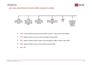 História 
...com vasto conhecimento do ciclo de crédito corporativo no Brasil. 
1997 
Fundação do PINE. 
Foco exclusivo em 
empresas 
2005 
Noberto Pinheiro torna-se 
o único acionista do 
PINE 
1939 
Família Pinheiro 
funda seu primeiro 
banco 
1975 
Noberto Pinheiro 
torna-se um dos 
controladores do 
BMC 
…. 
Consolidação da 
estratégia de 
atendimento 
completo a 
2007 
IPO 
empresas 
1939 - A família Pinheiro funda seu primeiro Banco no Brasil – O Banco Central do Nordeste 
1975 - Noberto Pinheiro se torna um dos controladores do Banco BMC 
1997 - Noberto e Nelson Pinheiro vendem suas participações no BMC e fundam o Banco PINE 
2005 - Noberto Pinheiro torna-se o único acionista do Banco PINE 
2007 – IPO 
Relações com Investidores | 2T11 | 5/37 
 