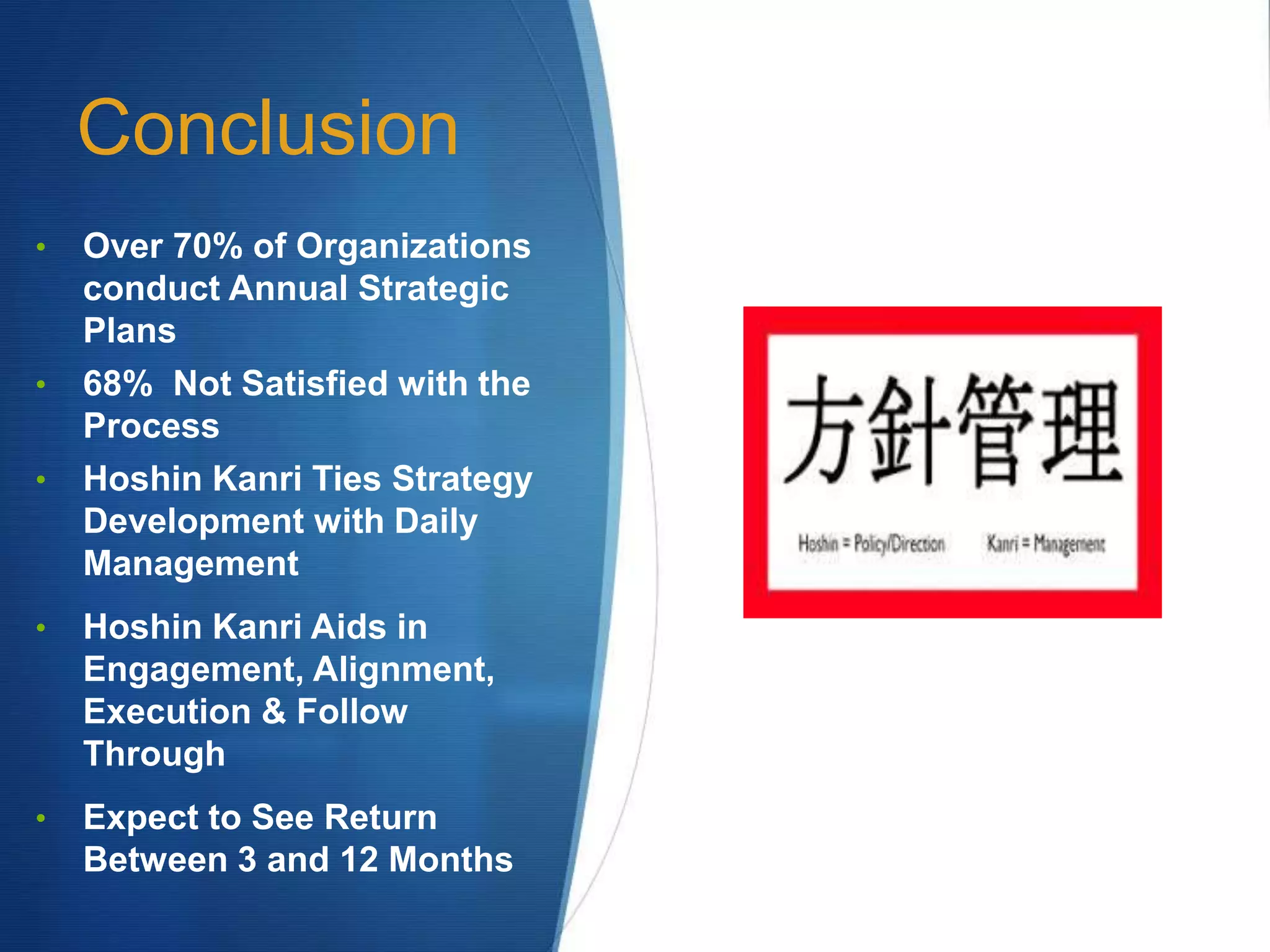 Conclusion
• Over 70% of Organizations
conduct Annual Strategic
Plans
• 68% Not Satisfied with the
Process
• Hoshin Kanri Ties Strategy
Development with Daily
Management
• Hoshin Kanri Aids in
Engagement, Alignment,
Execution & Follow
Through
• Expect to See Return
Between 3 and 12 Months
 