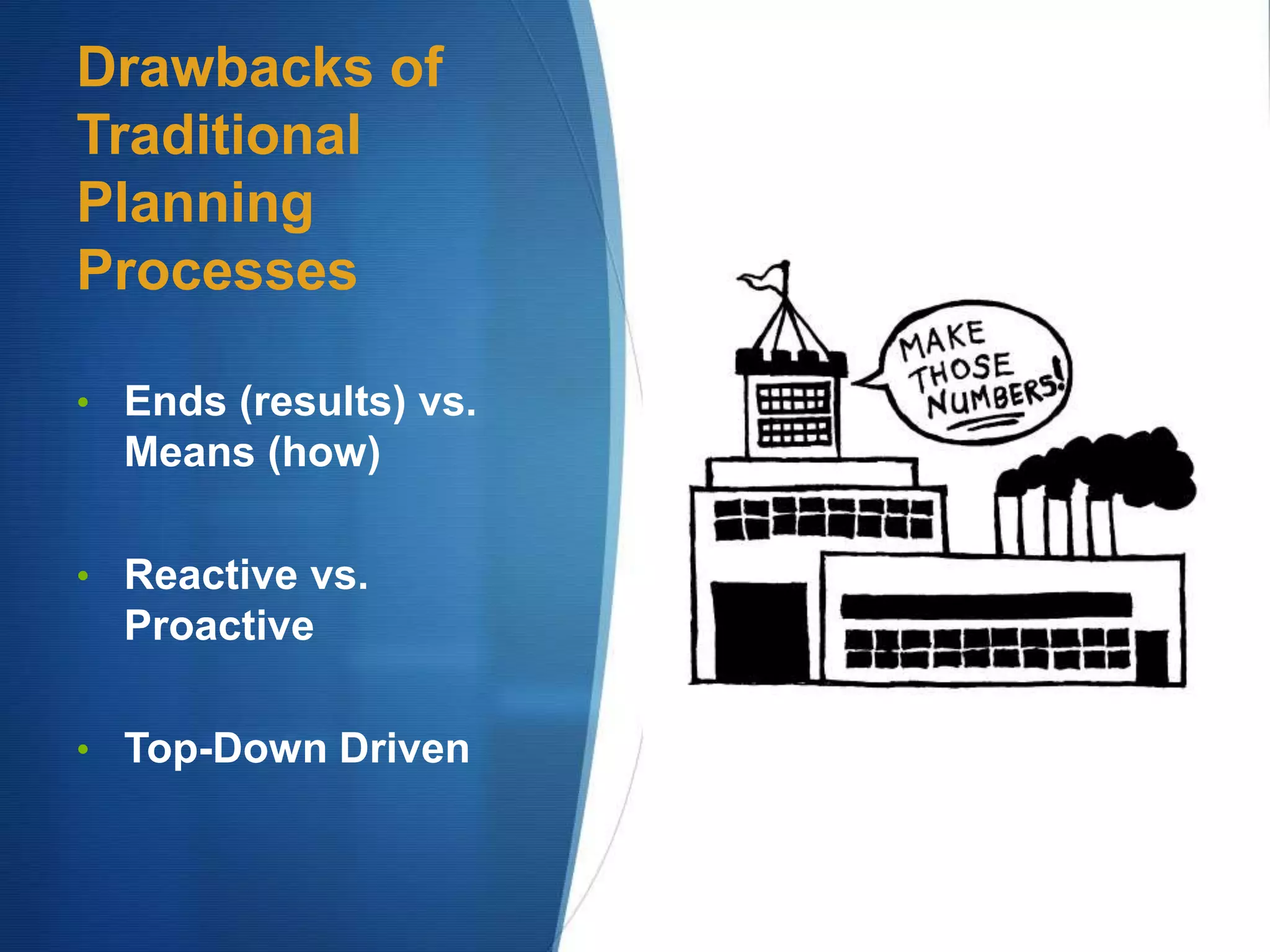Drawbacks of
Traditional
Planning
Processes
• Ends (results) vs.
Means (how)
• Reactive vs.
Proactive
• Top-Down Driven
 