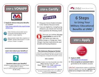 STEP 5: VONAPP STEP 6: Certify 
Questions about your benefits? 
Schedule an appointment with one of our School 
Certifying Officials (SCOs). 
Call 277-3181 to make your appointment, or visit 
the VRC office. 
STEP 1: Apply 
 Apply to UNM: 
http://www.unm.edu/apply/ 
 Once accepted, an automatic hold is 
generated on the student’s account 
Lobo Fact: Undergraduate students using Military 
Education Benefits can have their application fee 
waived and are charged in-state tuition rates! 
 Bring your Concise Student Schedule 
to the Veterans Resource Center 
 If you are eligible for a living/housing 
allowance, you should start receiving 
those payments the following month. 
Once you are certified, it is your 
r responsibility to come to the 
VRC before you make any 
schedule changes or change your major. 
Changes may have implications for your 
benefits and housing allowance. 
The Veterans Resource Center 
i s dedicated to supporting veterans , mi l i ta ry service 
members and their families. We offer computer kiosks , 
free printing access, a lounge and many other services . 
Visit us anytime! 
Location: Student Union Building (SUB), Suite 2002 
Hours: Monday-Friday, 9am - 4pm 
Phone: (505) 277-3181 Email: vrc@unm.edu 
Website: http://vrc.unm.edu 
Walk-ins are welcome, appointments are sugges ted. 
To make an appointment, cal l us or s chedule 
di rectly through LoboAchieve. 
6 Steps 
to Using Your 
Military Educational 
Benefits at UNM 
 Apply for Veteran Education Benefits 
via VONAPP: 
http://www.vabenefits.vba.va.gov/vonapp 
/default.asp 
Date of military service and/or service 
connected disability determines the 
student’s chapter eligibility. 
Approximately 1 week after completion of 
VONAPP, benefits determination is issued 
and your chapter is assigned. 
Learn more about your benefits at 
http://vrc.unm.edu/va-educational -benefits 
 