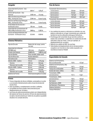 Cargador                                                             Tren de fuerza

Capacidad del Cucharón - Uso                                         Transmisión Servomecánica,
General                             0,96 m3        1,25 yd3            1a de avance                       5,8 kph       3,6 mph
Ancho del Cucharón - Uso                                               2a de avance                       9,3 kph       5,8 mph
General                             2.262 mm       7,5 pulg            3a de avance                       19,2 kph      12 mph
Altura de Descarga @ Angulo                                            4a de avance                       32,8 kph      20,4 mph
Máx., Inclinación única             2.544 mm       8 pies 4 pulg     Transmisión Servomecánica ,
Alcance de Descarga @ Angulo                                           1a de retroceso                    5,8 kph       3,6 mph
Máx., Inclinación única             835 mm         2 pies 9 pulg       2a de retroceso                    9,3 kph       5,8 mph
Profundidad de Excavación -                                            3a de retroceso                    19,2 kph      12 mph
Inclinación única                   135 mm         5 pulg
                                                                       4a de retroceso                    32,8 kph      20,4 mph
Capacidad de Levantamiento @
Altura Máx Inclinación única        2400 kg        5.292 lb
                                                                     • Los cambios de avance a retroceso se controlan con una
Fuerza de Desprendimiento del                                          palanca colocada en un lugar conveniente que cambia de
Cucharón - Inclinación única        37,9 kN        8.524 lb            sentido de marcha utilizando embragues hidráulicos.
                                                                     • El embrague del convertidor de par permite cambiar el
                                                                       estator del convertidor a rueda libre en condiciones de alta
Sistema Hidráulico                                                     velocidad y bajo par motor, como por ejemplo, en
                                                                       desplazamiento por carretera.
Tipo de Circuito                 Detección de carga, centro          • Relación de calado de 2:63:1 de una fase.
                                 cerrado                             • Velocidades de desplazamiento de la retroexcavadora
Capacidad de la Bomba                                                  cargadora con tracción en dos ruedas equipada con
(@ 2200 rpm)                     139 L/min          37 gal/min         neumáticos traseros 19.5x24.
Presión del Sistema              20.685 kPa         3.000 lb-pulg2
Tipo de Bomba                    Flujo variable, pistón axial
Tipo de Dirección                Rueda delantera                     Capacidades de Llenado
Servodirección                   Hidrostático
Cilindro 2WD - Calibre           70 mm              2,75 pulg        Sistema de Enfriamiento,
    Carrera                      224 mm             8,8 pulg         Aire acondicionado                   15,9 L        4,2 gal
    Diámetro de la varilla       44 mm              1,75 pulg        Sistema de Enfriamiento, Alta
                                                                     temperatura                          16,7 L        4,4 gal
Cilindro AWD - Calibre           65 mm              2,56 pulg
                                                                     Tanque de combustible                128,7 L       34 gal
    Carrera                      211 mm             8,3 pulg
                                                                     Aceite del motor c/Filtro            7,6 L         2 gal
    Diámetro de la varilla       36 mm              1,42 pulg
                                                                     Transmisión, 2WD,
Sistema de Frenos                Interno/sumergidos en aceite
                                                                     servomecánica                        15,1 L        4 gal
                                                                     Transmission, AWD,
Frenos                                                               servomecánica                        18,2 L        4,8 gal
• Frenos integrados de discos múltiples, sumergidos en aceite        Eje trasero                          24,2 L        6,4 gal
  y accionados hidráulicamente sobre el eje de entrada del           Eje Delantero, AWD                   7,6 L         2 gal
  mando final.                                                       Eje Delantero, Planetarios           0,8 L         0,2 gal
• Auto-ajustables y completamente cerrados y sellados.               Sistema hidráulico                   79 L          21 gal
• Los pedales de freno pueden interconectarse para
                                                                     Tanque Hidráulico                    38 L          10 gal
  desplazamiento por carretera.
• Los frenos de estacionamiento/secundario son independientes
  del sistema de frenos de servicio. El freno de estacionamiento
  se aplica mecánicamente por medio de una palanca ajustable
  situada en la consola derecha.




                                                    Retroexcavadoras Cargadoras 416D especificaciones                              13
 