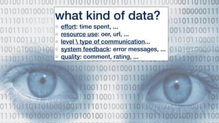 41
what kind of data?
effort: time spent, ...
resource use: oer, url, ...
level  type of communication...
system feedback: error messages, ...
quality: comment, rating, ...
 