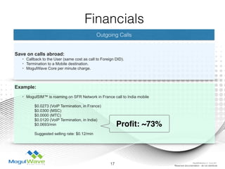 Outgoing Calls
Save on calls abroad:
• Callback to the User (same cost as call to Foreign DID).
• Termination to a Mobile destination.
• MogulWave Core per minute charge.
Example: 
• MogulSIM™ is roaming on SFR Network in France call to India mobile
$0.0273 (VoIP Termination, in France)
$0.0300 (MSC)
$0.0000 (MTC)
$0.0120 (VoIP Termination, in India)
$0.0693/min
Suggested selling rate: $0.12/min
17 Reserved documentation - do not distribute
Financials
Proﬁt: ~73%
MogulSIM Marketing v1.2 - 18 Jun 2015
 