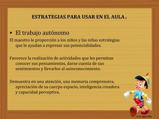 ESTRATEGIAS PARA USAR EN EL AULA.
• El trabajo autónomo
El maestro le proporción a los niños y las niñas estrategias
que le ayudan a expresar sus potencialidades.
Favorece la realización de actividades que les permitan
conocer sus pensamientos, darse cuenta de sus
sentimientos y llevarlos al autoconocimiento.
Demuestra en una atención, una memoria comprensiva,
apreciación de su cuerpo espacio, inteligencia creadora
y capacidad perceptiva.
 