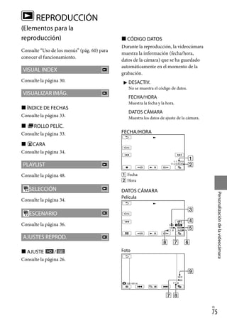 75
Personalización
de
la
videocámara
ES
REPRODUCCIÓN
(Elementos para la
reproducción)
Consulte “Uso de los menús” (pág. 60) para
conocer el funcionamiento.
VISUAL INDEX
Consulte la página 30.
VISUALIZAR IMÁG.
 ÍNDICE DE FECHAS
Consulte la página 33.
 ROLLO PELÍC.
Consulte la página 33.
 CARA
Consulte la página 34.
PLAYLIST
Consulte la página 48.
SELECCIÓN
Consulte la página 34.
ESCENARIO
Consulte la página 36.
AJUSTES REPROD.
 AJUSTE /
Consulte la página 26.
 CÓDIGO DATOS
Durante la reproducción, la videocámara
muestra la información (fecha/hora,
datos de la cámara) que se ha guardado
automáticamente en el momento de la
grabación.
 DESACTIV.
No se muestra el código de datos.
FECHA/HORA
Muestra la fecha y la hora.
DATOS CÁMARA
Muestra los datos de ajuste de la cámara.
FECHA/HORA
 Fecha
 Hora
DATOS CÁMARA
Película
Foto
 