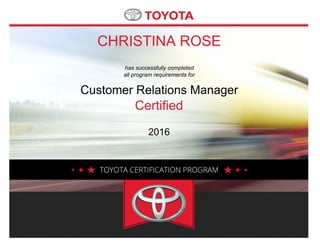 CHRISTINA ROSE
has successfully completed
all program requirements for
Customer Relations Manager
Certified
2016
 
