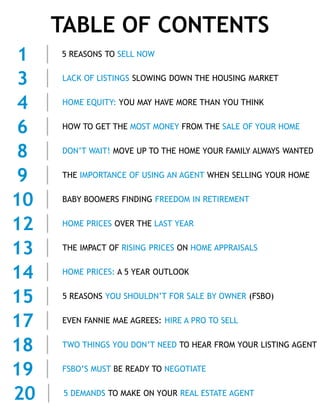 TABLE OF CONTENTS
5 REASONS TO SELL NOW1
5 DEMANDS TO MAKE ON YOUR REAL ESTATE AGENT20
5 REASONS YOU SHOULDN’T FOR SALE BY OWNER (FSBO)15
HOME EQUITY: YOU MAY HAVE MORE THAN YOU THINK4
FSBO’S MUST BE READY TO NEGOTIATE19
EVEN FANNIE MAE AGREES: HIRE A PRO TO SELL17
HOME PRICES OVER THE LAST YEAR12
TWO THINGS YOU DON’T NEED TO HEAR FROM YOUR LISTING AGENT18
6 HOW TO GET THE MOST MONEY FROM THE SALE OF YOUR HOME
DON’T WAIT! MOVE UP TO THE HOME YOUR FAMILY ALWAYS WANTED8
13 THE IMPACT OF RISING PRICES ON HOME APPRAISALS
THE IMPORTANCE OF USING AN AGENT WHEN SELLING YOUR HOME9
LACK OF LISTINGS SLOWING DOWN THE HOUSING MARKET3
BABY BOOMERS FINDING FREEDOM IN RETIREMENT10
14 HOME PRICES: A 5 YEAR OUTLOOK
 
