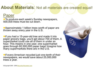 About Materials: Not all materials are created equal!
Paper
?To produce each week's Sunday newspapers,
500,000 trees must be cut down.
?Approximately 1 billion trees worth of paper are
thrown away every year in the U.S.
?If you had a 15-year-old tree and made it into
paper grocery bags, you'd get about 700 of them. A
supermarket could use all of them in under an
hour. This means in one year, one supermarket
goes through 60,500,000 paper bags! Imagine how
many supermarkets there are in the U.S.
?If every American recycled just one-tenth of their
newspapers, we would save about 25,000,000
trees a year.
?Copyright 2005 - 2009 Recycling-Revolution.com
 