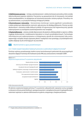 WA Ż N I E J S Z E W Y N I K I K O N T R O L I
23
3 Zdefiniowane procesy – istnieją ustandaryzowane i udokumentowane procedury, które zostały
zakomunikowane poprzez szkolenie. Pracownicy są upoważnieni do ich stosowania. Jest jednak
mało prawdopodobne, że odstępstwa od stosowania procedur zostaną wykryte. Procedury nie
są zaawansowane, a są raczej formalizacją istniejących praktyk.
4 Kontrolowane i mierzalne – kierownictwo monitoruje i ocenia zgodność z procedurami,
a także podejmuje odpowiednie czynności, gdy procesy nie działają efektywnie. Procesy są stale
doskonalone i stanowią źródło dobrych praktyk. W ograniczony lub fragmentaryczny sposób
wykorzystywane są rozwiązania zautomatyzowane oraz narzędzia.
5 Zoptymalizowane – procesy zostały dopracowane do poziomu dobrej praktyki w oparciu o efekty
ciągłego doskonalenia i modelowanie dojrzałości w innych przedsiębiorstwach. Technologia
informatyczna jest wykorzystywana w zintegrowany sposób do automatyzacji toku pracy,
zapewniając narzędzia służące poprawie jakości i wydajności oraz sprawiając, że przedsiębiorstwo
szybko adaptuje się do zmieniających się warunków.
3.2 		 Wyniki kontroli w ujęciu przedmiotowym
3.2.1. Średni stopień dojrzałości badanych procesów w jednostkach objętych kontrolą22
Poniższe wykresy przedstawiają średnie oceny kontrolowanych jednostek dla poszczególnych
obszarów objętych kontrolą sformułowane przez NIK przy zastosowaniu metodyki COBIT.
Wykres nr 1
Wspieranie bezpieczeństwa IT na poziomie całej jednostki
Żródło: Opracowanie własne NIK.
W zakresie wspierania bezpieczeństwa IT na poziomie całej jednostki najwyższe oceny wystąpiły
w obszarze ochrony przed złośliwym oprogramowaniem i zarządzania kluczami kryptograficznymi,
natomiast najniższe w zakresie definiowania incydentu związanego z bezpieczeństwem.
22 	 Przyjęta skala punktacji została przedstawiona w rozdziale 3.1.4.
 