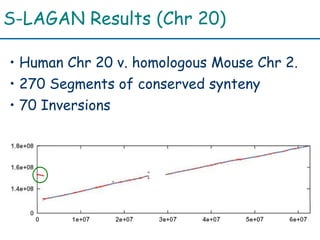 S-LAGAN Results (Chr 20)
• Human Chr 20 v. homologous Mouse Chr 2.
• 270 Segments of conserved synteny
• 70 Inversions
 