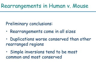 Rearrangements in Human v. Mouse
Preliminary conclusions:
• Rearrangements come in all sizes
• Duplications worse conserve...