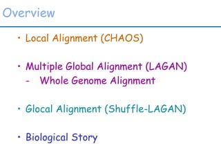 Overview
• Local Alignment (CHAOS)
• Multiple Global Alignment (LAGAN)
- Whole Genome Alignment
• Glocal Alignment (Shuffl...