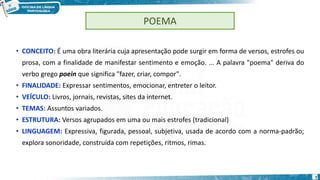 • CONCEITO: É uma obra literária cuja apresentação pode surgir em forma de versos, estrofes ou
prosa, com a finalidade de manifestar sentimento e emoção. ... A palavra "poema" deriva do
verbo grego poein que significa "fazer, criar, compor".
• FINALIDADE: Expressar sentimentos, emocionar, entreter o leitor.
• VEÍCULO: Livros, jornais, revistas, sites da internet.
• TEMAS: Assuntos variados.
• ESTRUTURA: Versos agrupados em uma ou mais estrofes (tradicional)
• LINGUAGEM: Expressiva, figurada, pessoal, subjetiva, usada de acordo com a norma-padrão;
explora sonoridade, construída com repetições, ritmos, rimas.
POEMA
7
 