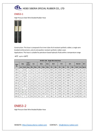 HEBEI SIBERIA SPECIAL RUBBER CO., LTD
WEBSITE: Http://www.siberia-rubber.com CONTACT：Ella@siberia-rubber.com
EN853-1
High Pressure Steel Wire Braided Rubber Hose
Construction: This hose is composed of an inner tube of oil resistant synthetic rubber, a single wire
braided reinforcement, and oil and weather resistant synthetic rubber cover.
Applications: This hose is suitable for petroleum based hydraulic fluids within a temperature range
-40℃ up to +100℃
EN853-2
High Pressure Steel Wire Braided Rubber Hose
SAE
Dash
mm Inch Size Min Max Min Max Max Psi Bar Psi Bar Psi Bar Inch mm Kg/m
1SN-3 5 3/16 -3 4.6 5.4 9.0 10.0 12.5 3625 250 7250 500 14500 1000 3.54 90 0.20
1SN-4 6.3 1/4 -4 6.2 7.0 10.6 11.6 14.1 3260 225 6520 450 13040 900 3.94 100 0.25
1SN-5 8 5/16 -5 7.7 8.5 12.1 13.3 15.7 3120 215 6240 430 12480 860 4.53 115 0.31
1SN-6 10 3/8 -6 9.3 10.1 14.5 15.7 18.1 2610 180 5220 360 10440 720 5.12 130 0.36
1SN-8 12.5 1/2 -8 12.3 13.5 17.5 19.1 21.4 2320 160 4640 320 9280 640 7.09 180 0.45
1SN-10 16 5/8 -10 15.5 16.7 20.6 22.2 24.5 1885 130 3770 260 7540 520 7.87 200 0.52
1SN-12 19 3/4 -12 18.6 19.8 24.6 26.2 28.5 1520 105 3040 210 6080 420 9.45 240 0.65
1SN-16 25 1 -16 25.0 26.4 32.5 34.1 36.6 1280 88 2560 176 5120 352 11.81 300 0.91
1SN-20 31.5 1-1/4 -20 31.4 33.0 39.3 41.7 44.8 910 63 1820 126 3640 252 16.54 420 1.30
1SN-24 38 1-1/2 -24 37.7 39.3 45.6 48.0 52.1 725 50 1450 100 2900 200 19.69 500 1.70
1SN-32 51 2 -32 50.4 52.0 58.7 61.7 65.5 580 40 1160 80 2320 160 24.80 630 2.00
EN 853 1SN Single Wire Braid Hose
Part
No.
O.D. W.T.Size W.P. P.P. B.P. Min B.RI.D. W.D.
 