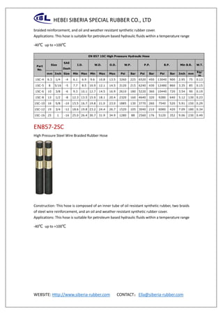 HEBEI SIBERIA SPECIAL RUBBER CO., LTD
WEBSITE: Http://www.siberia-rubber.com CONTACT：Ella@siberia-rubber.com
braided reinforcement, and oil and weather resistant synthetic rubber cover.
Applications: This hose is suitable for petroleum based hydraulic fluids within a temperature range
-40℃ up to +100℃
EN857-2SC
High Pressure Steel Wire Braided Rubber Hose
Construction: This hose is composed of an inner tube of oil resistant synthetic rubber, two braids
of steel wire reinforcement, and an oil and weather resistant synthetic rubber cover.
Applications: This hose is suitable for petroleum based hydraulic fluids within a temperature range
-40℃ up to +100℃
SAE
Dash
mm Inch Size Min Max Min Max Max Psi Bar Psi Bar Psi Bar Inch mm
Kg/
m
1SC-4 6.3 1/4 -4 6.1 6.9 9.6 10.8 13.5 3260 225 6520 450 13040 900 2.95 75 0.13
1SC-5 8 5/16 -5 7.7 8.5 10.9 12.1 14.5 3120 215 6240 430 12480 860 3.35 85 0.15
1SC-6 10 3/8 -6 9.3 10.1 12.7 14.5 16.9 2610 180 5220 360 10440 720 3.54 90 0.19
1SC-8 13 1/2 -8 12.3 13.5 15.9 18.1 20.4 2320 160 4640 320 9280 640 5.12 130 0.23
1SC-10 16 5/8 -10 15.5 16.7 19.8 21.0 23.0 1885 130 3770 260 7540 520 5.91 150 0.29
1SC-12 19 3/4 -12 18.6 19.8 23.2 24.4 26.7 1520 105 3040 210 6080 420 7.09 180 0.34
1SC-16 25 1 -16 25.0 26.4 30.7 31.9 34.9 1280 88 2560 176 5120 352 9.06 230 0.49
EN 857 1SC High Pressure Hydraulic Hose
Part
No.
O.D. W.T.I.D. W.D.Size W.P. P.P. B.P. Min B.R.
 