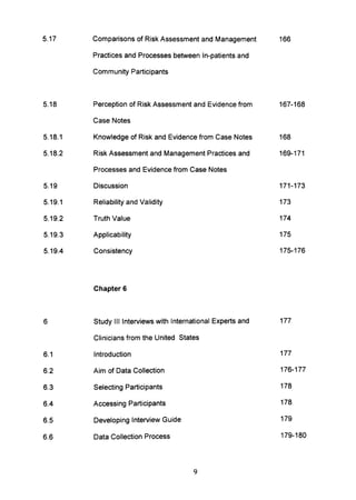 5.17
5.18
5.18.1
5.18.2
5.19
5.19.1
5.19.2
5.19.3
5.19.4
6
6.1
6.2
6.3
6.4
6.5
6.6
Comparisons of Risk Assessment and Management
Practices and Processes between In-patients and
Community Participants
Perception of Risk Assessment and Evidence from
Case Notes
Knowledge of Risk and Evidence from Case Notes
Risk Assessment and Management Practices and
Processes and Evidence from Case Notes
Discussion
Reliability and Validity
Truth Value
Applicability
Consistency
Chapter 6
Study III Interviews with International Experts and
Clinicians from the United States
Introduction
Aim of Data Collection
Selecting Participants
Accessing Participants
Developing Interview Guide
Data Collection Process
9
166
167-168
168
169-171
171-173
173
174
175
175-176
177
177
176-177
178
178
179
179-180
 