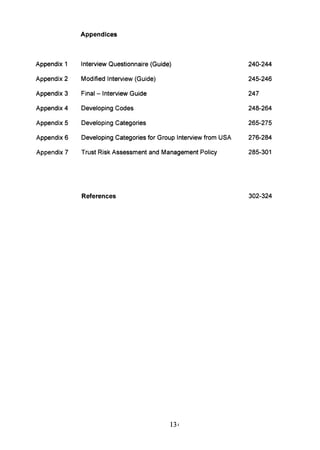 Appendices
Appendix 1 Interview Questionnaire (Guide) 240-244
Appendix 2 Modified Interview (Guide) 245-246
Appendix 3 Final - Interview Guide 247
Appendix 4 Developing Codes 248-264
Appendix 5 Developing Categories 265-275
Appendix 6 Developing Categories for Group Interview from USA 276-284
Appendix 7 Trust Risk Assessment and Management Policy 285-301
References 302-324
 