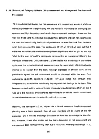 5.15.4 Summary of Category III Matrix (Risk Assessment and Management Practices and
Processes)
All five participants indicated that risk assessment and management was on a whole an
individual professional's responsibility with the individual responsible for identifying any
concerns and high risk patients and developing management strategies. It was also the
view that it was up to the individual to discuss these concerns and high risk patients with
the team and occaSionally the individual professional received feedback from the team
when they presented the case. Two partiCipants (2.12.1.M) (3.12.0.M) point out that if
there was an incident the immediate management response is 'what did you do' and not
'what did the team do' and the participants perceived this as management blaming the
individual professional. One participant (3.6.0.M) stated that the failings in the current
system are due to the fact that risk assessments are the responsibility of individuals with
minimal or no support from the team. Although expressed in different ways all five
participants agreed that risk assessment should be discussed within the team. Four
participants (2.6.0.M) (S.32.0.F) (4.10.0.F) (3.11.0.M) stated that although they
completed risk assessments individually they reported their findings to the team. This
however contradicted the statement made previously by participant one (1.8.1.M) that it
was up to the individual professional to decide whether to discuss the risk assessment
as there was no structured consistent format for this process.
However, one participant (S.2.1.F) implied that if the risk assessment and management
planning was a team approach then all team members will be aware of the risk
presented and it will also encourage discussion on how best to manage the identified
risk. However, it was also pointed out that team discussion on risk assessment and
management does not happen very often due to resources. Another participant (3.1.1.M)
160
 
