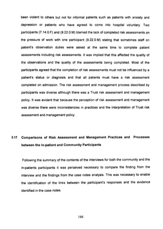 been violent to others but not for informal patients such as patients with anxiety and
depression or patients who have agreed to come into hospital voluntary. Two
participants (7.14.0.F) and (S.22.0.M) blamed the lack of completed risk assessments on
the pressure of work with one participant (S.22.0.M) stating that sometimes staff on
patient's observation duties were asked at the same time to complete patient
assessments including risk assessments. It was implied that this affected the quality of
the observations and the quality of the assessments being completed. Most of the
participants agreed that the completion of risk assessments must not be influenced by a
patient's status or diagnosis and that all patients must have a risk assessment
completed on admission. The risk assessment and management process described by
participants was diverse although there was a Trust risk assessment and management
policy. It was evident that because the perception of risk assessment and management
was diverse there were inconsistencies in practices and the interpretation of Trust risk
assessment and management policy.
5.17 Comparisons of Risk Assessment and Management Practices and Processes
between the In-patient and Community Participants
Following the summary of the contents of the interviews for both the community and the
in-patients participants it was perceived necessary to compare the finding from the
interview and the findings from the case notes analysis. This was necessary to enable
the identification of the links between the participant's responses and the evidence
identified in the case notes.
166
 