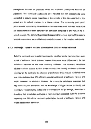 management focused on practices whilst the in-patients participants focused on
processes. The community participants also indicated that risk assessments were
completed to assure people regardless of the severity of the risk presented by the
patient and to defend practices in a blame culture. The community participants'
practices were supported by the evidence in the case notes which indicated that 67% of
risk assessments had been completed on admission compared to only 49% in the in-
patient services. The community participants appeared to be more aware of the reasons
why risk assessments were not being completed compared to the in-patient participants.
5.18.1 Knowledge I Types of Risk and Evidence from the Case Notes Reviewed
Both the community and in-patient participants identified similar risk behaviours such
as risk of self-harm, risk of violence, however there were some differences in the risk
behaviours identified as the ones commonly assessed. The in-patient participants
focused on issues such as duration of risk behaviour, the severity, the effects of the risk
behaviour on the family and the influence of alcohol and drugs misuse. Evidence in the
case notes indicated that 57% of the in-patients had the risk of self-harm, violence and
neglect assessed on admission. However, the community participants suggested that
they relied on past similarities and the knowledge of trigger factors to identify risk
behaviours. The community participants used words such as 'gut feelings', 'memories' in
describing their knowledge and types of risk behaviours assessed. With the evidence
suggesting that 78% of the community patients had the risk of self-harm, violence and
neglect assessed on admission.
168
 