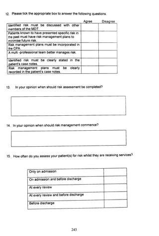 12. Please tick the appropriate box to answer the following questions.
Agree D'IsaQree
Identified risk must be discussed with other
members of the MDT.
Patients known to have presented specific risk in
the past must have risk management plans to
minimise future risk.
Risk management plans must be incorporated in
the CPA.
A multi -professional team better manages risk.
Identified risk must be clearly stated in the
patient's case notes.
Risk management plans must be clearly
recorded in the patient's case notes.
13. In your opinion when should risk assessment be completed?
14. In your opinion when should risk management commence?
15. How often do you assess your patient(s) for risk whilst they are receiving services?
Only on admission
On admission and before discharge
At every review
At every review and before discharge
Before discharge
243
 