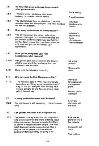 1.8. So how often do you discuss the cases with
other professionals
1.8.0
1.8.1
Twice per week - and every client would
probably be reviewed every 6 weeks.
You could discuss them very briefly or in detail for
complex cases, but it is up to you. And other members
will ask you questions
1.9. Does every patient have a 6 weekly review?
1.9.0 Yes, or you can say this person suffers from
agoraphobia so you do not have to describe any
risk in detail but for example if you say that this
guy has family issues, then you should elaborate
a bit more and you can also bring it up in
supervision.
1.10. Once you've completed your Risk
Assessment, what happens?
1.10.0 Well, you do your risk assessment and discuss
with the team and if they are happy, then you
continue to see the client.
1.10.1 There is no formal way of presenting.
1.11. Who develops the Risk Management Plan?
1.11.0 The individual does it. Well, you say what you
have done and if they agree you continue and if
they do not, you alter your Plan. You say what
you are going to do and if people are not happy
with it, they will say.
1.12. Is every patient discussed with the team?
1.12.0 Yes, risk happens with everybody. I think it is done
fairly
1.13. Can you tell me about Risk Relapse Plans
1.13.0 Yes, we do, but they are for the minority patients
who are constantly on the phone or talking about
killing themselves, then we formulate Risk Plans
as to how to respond to these people. The form
is left downstairs and everyone knows. That is
only for specific people, for those who are
persistently telling you they are going to kill
250
Twice weekly
6 weekly reviews
Individuals
decide what to
discuss
Individual's
decides how
much
information to
share with team
No formal
process
Discuss with
team
Individual
formulates risk
management
plans.
Discuss plans
with team
Every one
discusses with
the team
Risk relapse
plans for only a
few patients.
Constantly self
harm
Risk children
 