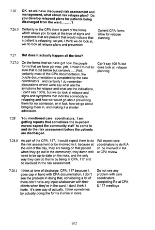 7.26 OK, so we have discussed risk assessment and
management, what about risk relapse plan? Do
you develop relapsed plans for patients being
discharged from the ward..........?
7.26.0 Certainly in the CPA there is part of the forms
which allows you to look at the type of signs and
symptoms that are present that would indicate that
a patient is relapsing, so yes, I think we do look at,
we do look at relapse plans and prevention.
7.27 But does it actually happen all the time?
7.27.0 On the forms that we have got now, the purple
forms that we have got now, yeh, I mean I'm not so
sure that it did before but certainly .....Well,
certainly most of the CPA documentation, the
purple documentation is completed by the care
coordinators and certainly I do remember
discussions where were say what are the
symptoms for relapse and what are the indications,
I can't say 100%, but we do look at relapse and
signs and symptoms that indicate somebody is
relapsing and how we would go about preventing
them for no admission, or in fact, how we go about
bringing them in, and making it a shorter
admission.
7.28 You mentioned care coordinators, I am
getting reports that sometimes the in-patient
nurses expect the community staff to come in
and do the risk assessment before the patients
are discharged.
7.28.0 As part of the CPA, 117, I would expect them to do
the risk assessment or be involved in it, because at
the end of the day, they are taking on that patient
when they go out in the community, they damn well
need to be up-to-date on the risks, and the only
way they can do that is by being at CPA, 117 and
be involved in the risk assessment.
7.28.1 I think at time of discharge, CPA, 117 because it
goes cap in hand with CPA documentation, I don't
see the problem in doing that, considering a lot of
them don't have any input whatsoever with their
clients when they're in the ward, I don't think it
hurts. It's one way of actually, I think sometimes
by actually doing the forms it sinks in more.
262
Current CPA forms
allow for relapse
planning
Can't say 100 % but
does look at relapse
planning
Will expect care
coordinators to do R.A
or be involved in RA
at CPA review
Do not see any
problem with care
coordinators
completing Ra at CPA
&117 meetings
 