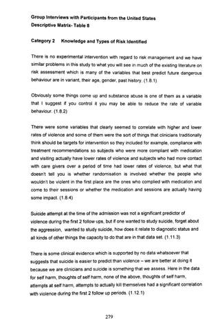 Group Interviews with Participants from the United States
Descriptive Matrix- Table 8
Category 2 Knowledge and Types of Risk Identified
There is no experimental intervention with regard to risk management and we have
similar problems in this study to what you will see in much of the existing literature on
risk assessment which is many of the variables that best predict future dangerous
behaviour are in variant, their age, gender, past history. (1.8.1)
Obviously some things come up and substance abuse is one of them as a variable
that I suggest if you control it you may be able to reduce the rate of variable
behaviour. (1.8.2)
There were some variables that clearly seemed to correlate with higher and lower
rates of violence and some of them were the sort of things that clinicians traditionally
think should be targets for intervention so they included for example, compliance with
treatment recommendations so subjects who were more compliant with medication
and visiting actually have lower rates of violence and subjects who had more contact
with care givers over a period of time had lower rates of violence, but what that
doesn't tell you is whether randomisation is involved whether the people who
wouldn't be violent in the first place are the ones who complied with medication and
come to their sessions or whether the medication and sessions are actually having
some impact. (1.8.4)
Suicide attempt at the time of the admission was not a significant predictor of
violence during the first 2 follow ups, but if one wanted to study suicide, forget about
the aggression, wanted to study suicide, how does it relate to diagnostic status and
all kinds of other things the capacity to do that are in that data set. (1.11.3)
There is some clinical evidence which is supported by no data whatsoever that
suggests that suicide is easier to predict than violence - we are better at doing it
because we are clinicians and suicide is something that we assess. Here in the data
for self harm, thoughts of self harm, none of the above, thoughts of self harm,
attempts at self harm, attempts to actually kill themselves had a significant correlation
with violence during the first 2 follow up periods. (1.12.1)
279
 