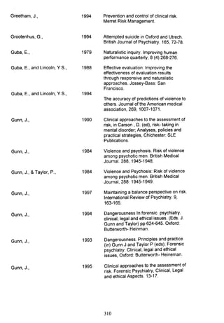 Greetham, J., 1994
Grootenhus, G., 1994
Guba, E., 1979
Guba, E., and Lincoln, Y S., 1988
Guba, E., and Lincoln, Y S., 1994
Gunn, J., 1990
Gunn, J., 1984
Gunn, J., & Taylor, P., 1984
Gunn, J., 1997
Gunn, J., 1994
Gunn, J., 1993
Gunn, J., 1995
Prevention and control of clinical risk.
Merret Risk Management.
Attempted suicide in Oxford and Utrech.
British Journal of Psychiatry. 165,72-78.
Naturalistic inquiry. Improving human
performance quarterly, 8 (4) 268-276.
Effective evaluation: Improving the
effectiveness of evaluation results
through responsive and naturalistic
approaches. Jossey-Bass: San
Francisco.
The accuracy of predictions of violence to
others. Journal of the American medical
association, 269, 1007-1071.
Clinical approaches to the assessment of
risk, in Carson, D. (ed), risk- taking in
mental disorder; Analyses, policies and
practical strategies, Chichester: SLE
Publications.
Violence and psychosis. Risk of violence
among psychotic men. British Medical
Journal. 288, 1945-1948.
Violence and Psychosis: Risk of violence
among psychotic men. British Medical
Journal, 288: 1945-1949.
Maintaining a balance perspective on risk.
International Review of Psychiatry. 9,
163-165.
Dangerousness In forensic psychiatry.
clinical, legal and ethical issues. (Eds. J.
Gunn and Taylor) pp 624-645. Oxford:
Butterworth- Heinman.
Dangerousness. Principles and practice
(in) Gunn J and Taylor P (eds). Forensic
psychiatry: Clinical, legal and ethical
issues, Oxford: Butterworth- Heineman.
Clinical approaches to the assessment of
risk. Forensic Psychiatry, Clinical, Legal
and ethical Aspects. 13-17.
310
 