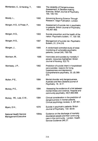 Montandon, C., & Harding, T., 1984 The reliability of Dangerousness
Assessment, A Decision-making
Exercise. British Journal of Psychiatry.
144, 145-155.
Moody, L., 1990 Advancing Nursing Science Through
Research. Sage Publication. London.
Morgan, H G., & Priest, P., 1984 Assessment of suicide risk in psychiatric
in-patients: British Journal of Psychiatry.
145,467-469.
Morgan, H G., 1993 Suicide prevention and the health of the
nation. Psychiatric bulletin, 17, 135-136.
Morgan, H G., 1997 Management of suicide risk. Psychiatric
Bulletin, 21, 214-216.
Morgan, J., 1995 A randomised controlled study of close
monitoring of vulnerable psychiatric
patients, Lancet 245, 756-759.
Morrison, M., 1996 Homicides and suicides by mentally ill
people: resources highlighted. British
Journal of Nursing. 5(2) 70.
Morrissey, J P., 1982 Prediction of suicide intent in hospitalised
para suicides: reasons for living,
hopelessness and depression.
Comprehensive psychiatry, 33, (6) 366-
373.
Mullen, P E., 1984 Mental disorder and dangerousness.
Australia and New Zealand journal of
Psychiatry. 18 , 8-17.
Mulvey, P E., 1994 Assessing the evidence of a link between
mental illness and violence. Hospital and
community psychiatry, 45(7) 663-668.
Mulvey, PE., Lidz, C W., 1984 Clinical consideration in the prediction of
dangerousness in mental patients.
Clinical psychology reviews, 4, 397-401.
Myers, 0 H., 1978 Suicide in psychiatric patients: British
Journal of Psychiatry. 133: 38-44.
National Health Service 1994a Guidance on the discharge of mentally
Management Executive disordered people and their continuing
care in the community. London. Health
Service Guidance (94) 27.
316
 