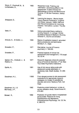 Siovic, P., Fischhoff, B., & 1982 Response mode. Framing and
Lichtenstein, S., information -processing effect in risk
assessment. In New Direction for
Methodology of Social and Behavioural
Science. 21-36 San Francisco: Jossey-
Bass
1996 Learning the lessons: Mental Health
Sheppard, D., Inquiry Reports Published in England
and Wales, between 19969-1996 and
their Recommendations for Improving
Practice. "2nd edition, London: The Zito
Trust
Stein, P., 1985 Using a grounded theory method in
nursing research. In -eninger M (Ed)
Qualitative Research Method in Nursing,
Orlando FL, Grunne and Stratton.
Strauss, A., & Corbin, J., 1990 Basics of qualitative research: grounded
theory procedures and techniques.
Berkely C, A., Sage.
Snowden, P., 1977 Risk taking: Journal of Forensic
psychiatry, 4. 198-200.
Snowden, P., 1997 Practical aspects of clinical risk
assessment and management, 170 (suppl
32) 32-34.
Sptizer, R L., Endicott, J., & 1977 Research diagnosis criteria for selected
Robins, E., group of functional disorders, 3rd
ed. New
Your State Psychiatric Institutions.
Spirito, A., 1991 Use of risk rescue rating scale with
adolescent suicide attempters: A
cautionary note. Death studies, 15: 269-
280.
Steadman, H J., 1993 From dangerousness to risk assessment:
Implications for appropriate research
strategies (in) Hodgin S.(eds)Mental
disorder and crime. Newbury Park. Cal:
Sage.
Steadman, H J., & 1982 Predicting violent behaviour: a note on
Morrissey, J P., across validation study. Social forces 61;
475-483.
Strosal, K., 1992 Prediction of suicide intent in hospitalised
parasuicides: Reasons for living,
hopelessness and depression.
Comprehensive Psychology, Vol. 33, No.
6,366-373.
321
 